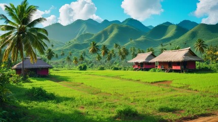 Lush Green Field With Houses and Mountains in Background