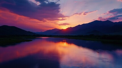   A body of water surrounded by mountains under a purple and blue sky, with the sun setting in the middle