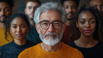 Group of diverse multiethnic individuals standing together, young and old, men and women, serious expressions, unity and diversity, community representation, cultural variety