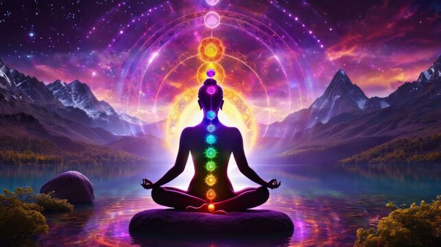 Person Sitting in the Middle of a Body of Water With Seven Chakras