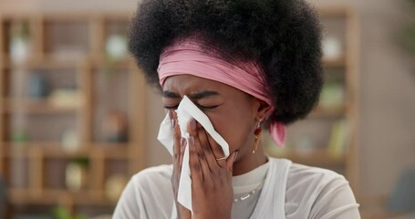 Sick, black woman and blowing nose with tissue for flu, cold or bad sinus reaction at home. Young African, female person or hayfever season with toilet paper for allergy, influenza or sneeze at house