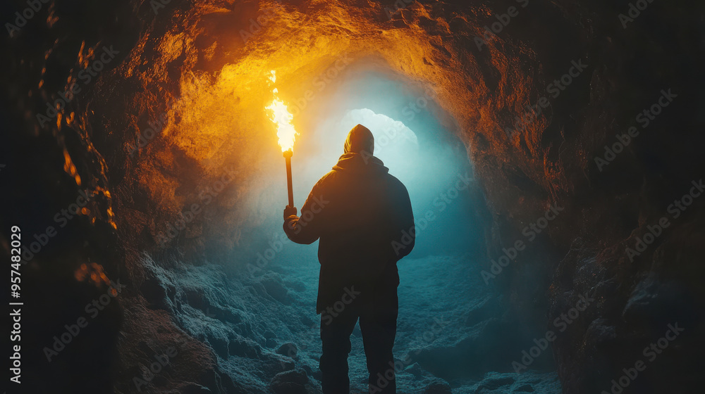 Wall mural man holding flaming torch in dark mysterious cave, exploring underground passage, adventure and surv