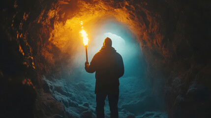 Man holding flaming torch in dark mysterious cave, exploring underground passage, adventure and survival, intense dramatic lighting, discovery and danger