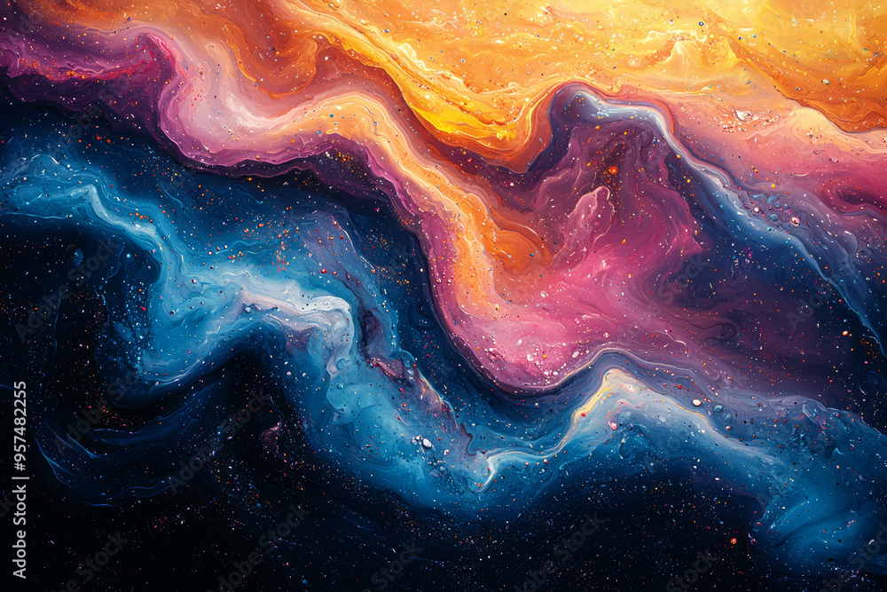 Poster an abstract painting where vibrant swirls and shapes symbolize the dynamic nature of imaginative thi