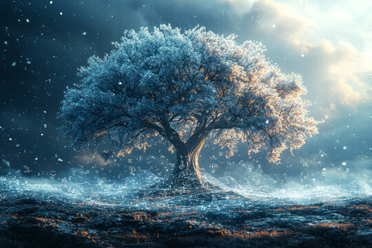 A whimsical tree with branches made of flowing equations and theories, signifying the growth of intellectual ideas. Concept of academic and creative development.