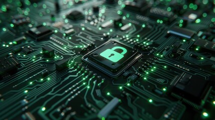 Obraz premium Detailed close-up of a circuit board with a green lock icon, highlighting cybersecurity and technological protection..