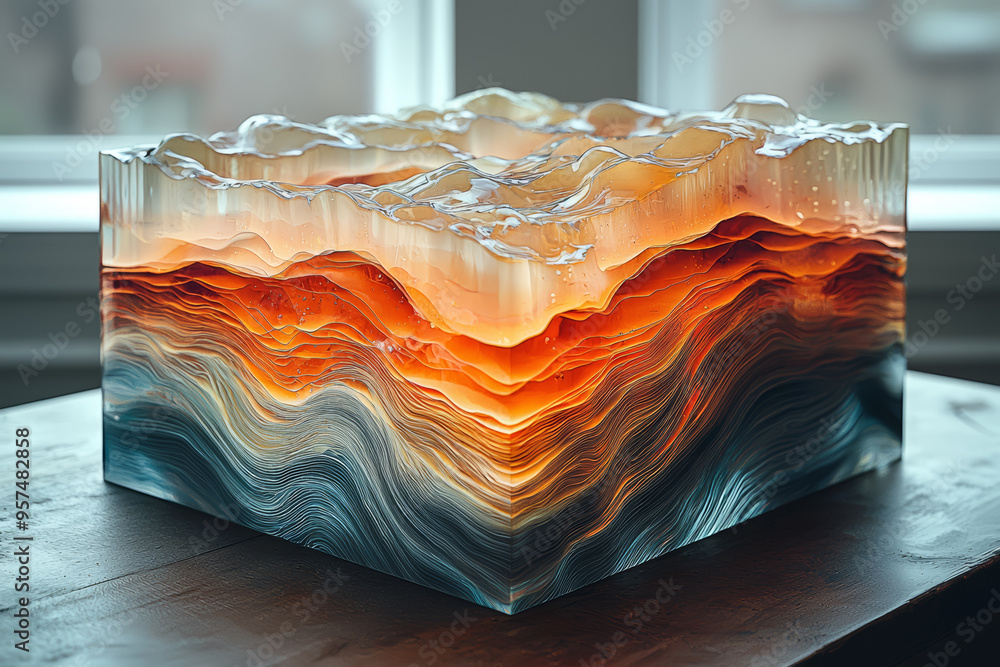 Poster a transparent glass box with layers of colored liquid representing different data sets that mix and 