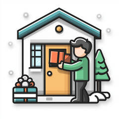 Holiday Home Delivery: A cheerful man delivers a gift to a snow-dusted doorstep, capturing the spirit of giving during the festive season.  