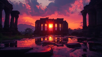 Fototapeta premium The sun descends upon the temple ruins surrounded by a body of water, framed by a cloudy sky