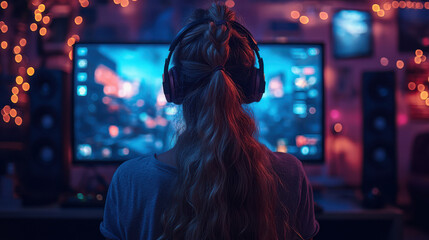 Young woman wearing headphones, playing video games on a large monitor in a dimly lit room with colorful lights. Immersive gaming experience in cozy environment.