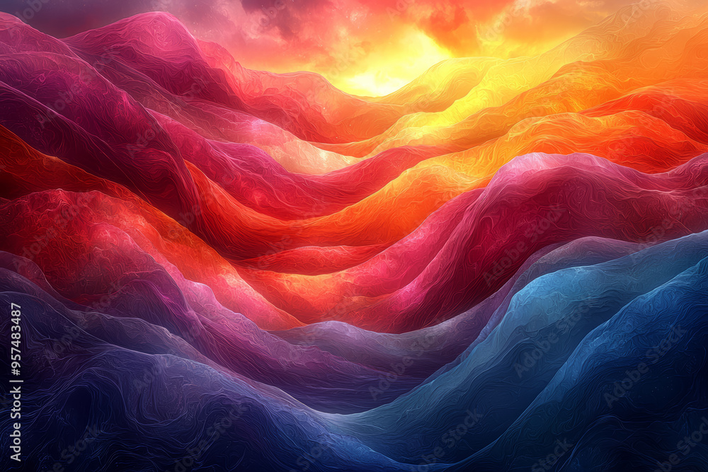 Poster a surreal landscape with waves of color undulating in a rhythmic pattern, inducing a trance-like sta