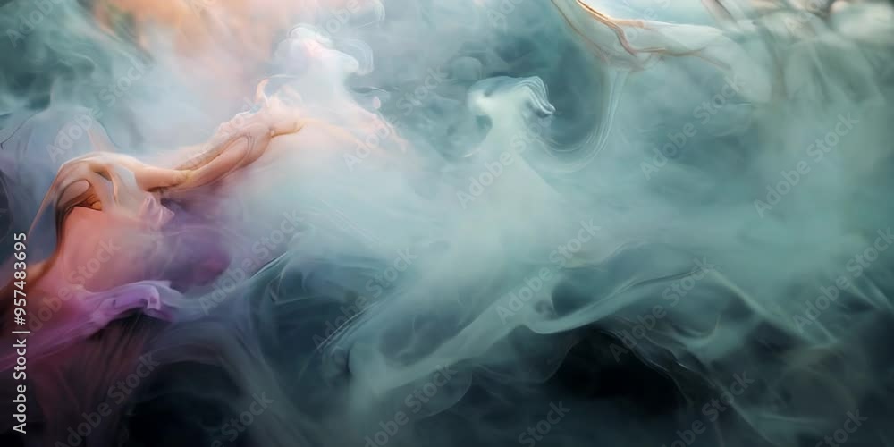 Poster abstract animation of swirling pastel-colored smoke on a dark background, creating a soft and calmin