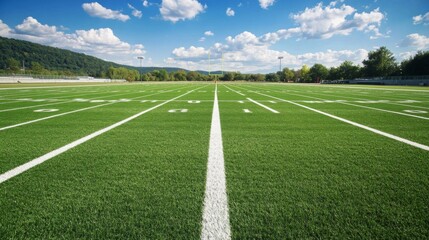 Lush Green Football Field Under Blue Sky