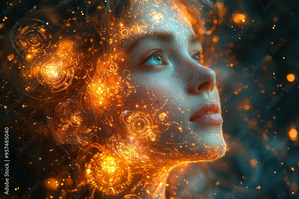 Poster a person surrounded by floating, glowing gears and cogs, illustrating the inner workings of an inven