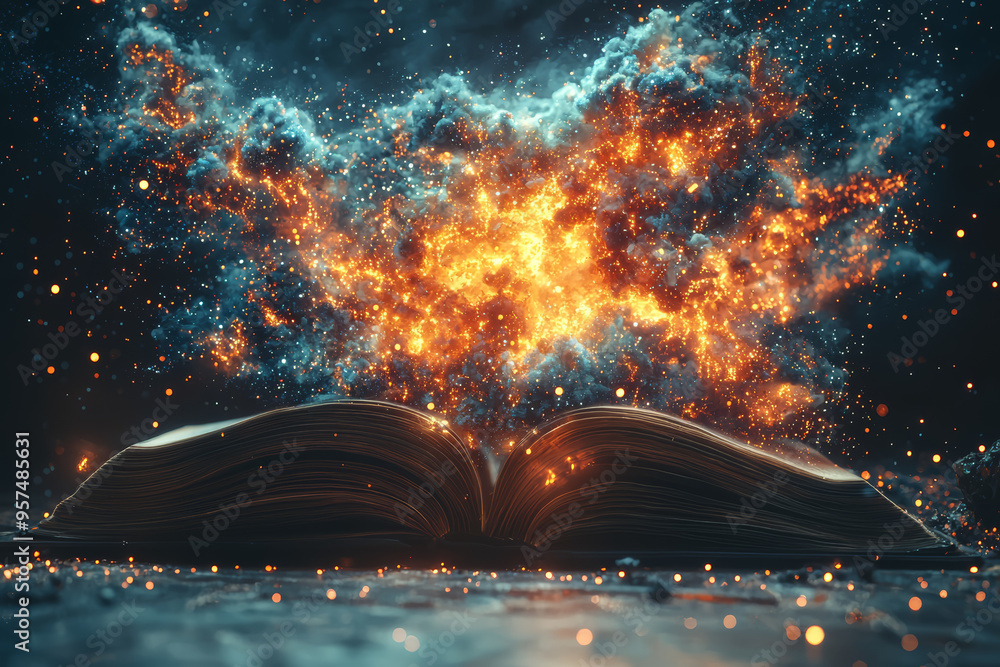 Poster a mind map emerging from an open book, with branches extending into a galaxy of ideas and possibilit