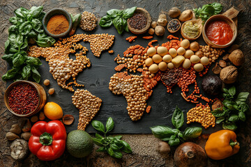 A map of the world made out of different types of food items, with each food item representing a specific statistical fact. Concept of culinary and geographical data representation.