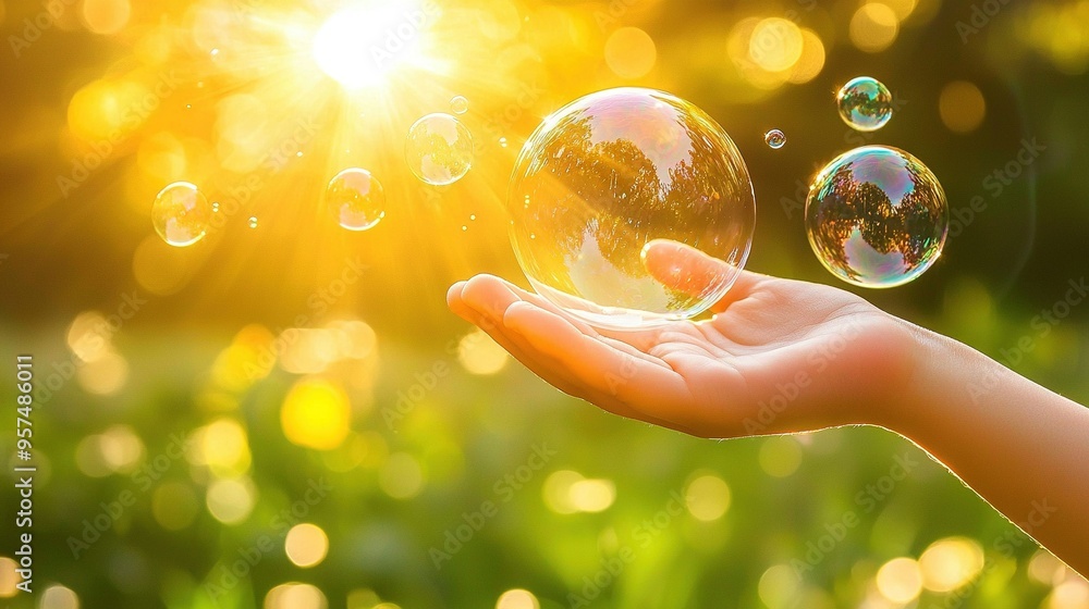 Canvas Prints   A hand holds a green field soap bubble in bright sunlight