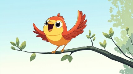 A cartoon bird trying to land on a branch but comically missing, flapping its wings in a panic