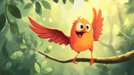 A cartoon bird trying to land on a branch but comically missing, flapping its wings in a panic
