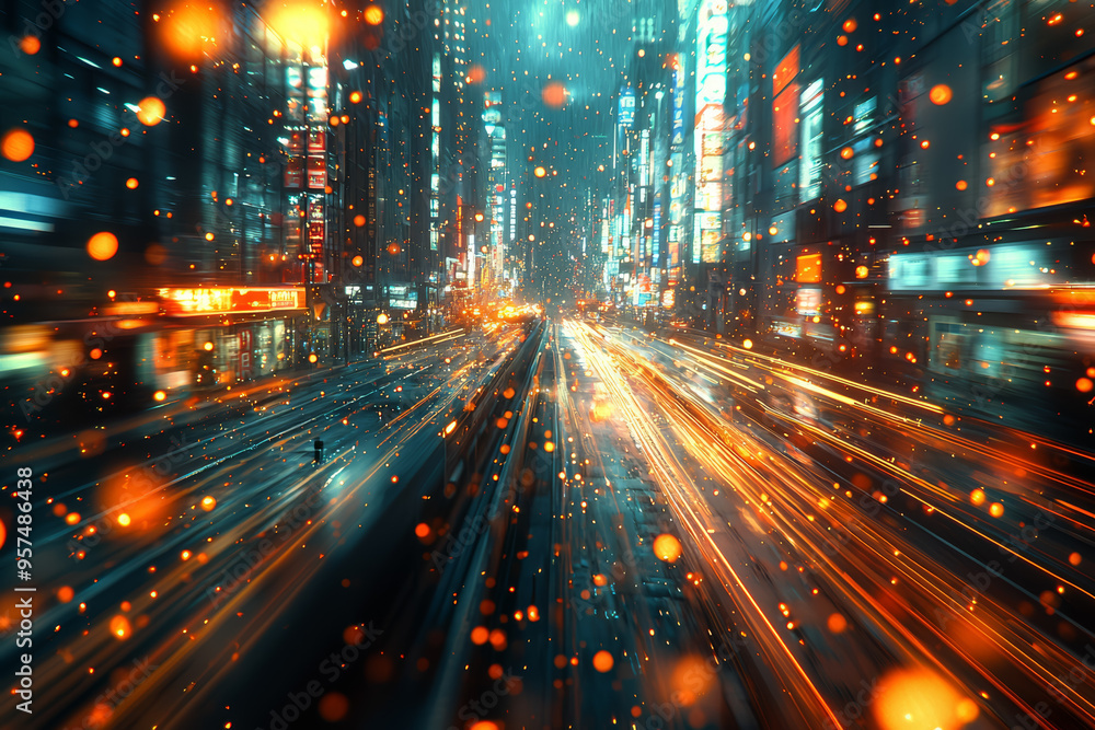 Poster a high-speed time-lapse of city lights blurring into dynamic streaks, creating an entrancing urban e
