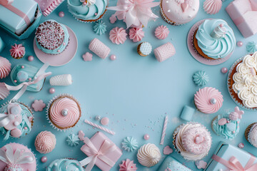 Fototapeta premium A blue background with a variety of cupcakes and other desserts
