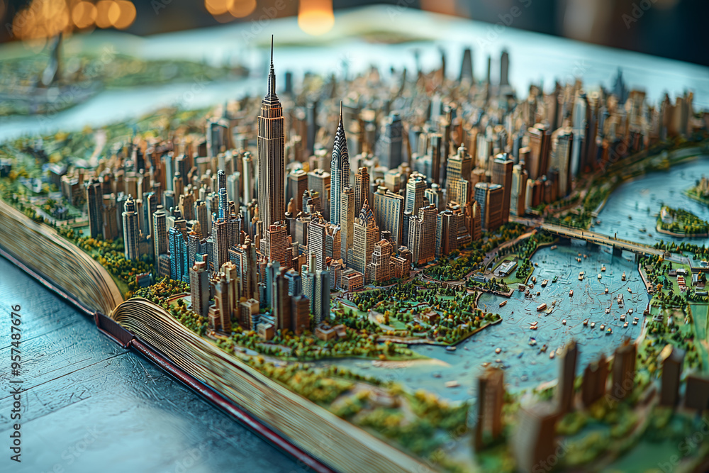 Poster a giant book with pages that flip open to reveal a 3d map of a city, where landmarks are represented