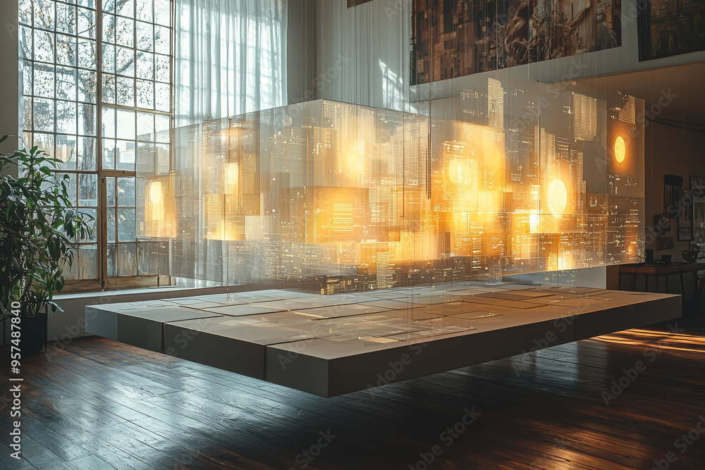 Poster a floating, illuminated sculpture with different data points arranged around it, casting shadows tha