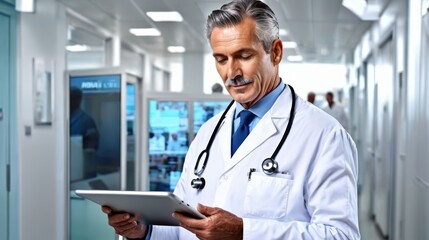 Scientist in White Lab Coat Holding Tablet