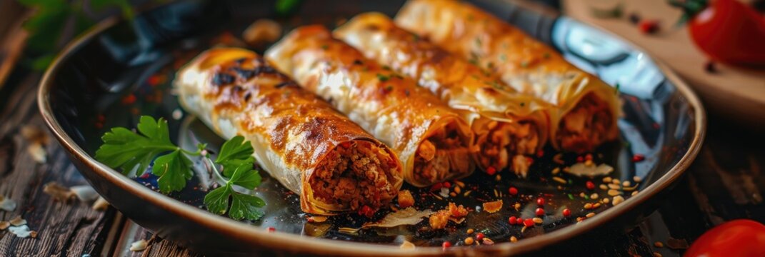 Close-up of Crispy Fillo Pastry Rolls Stuffed with Minced Meat on a Stylish Plate