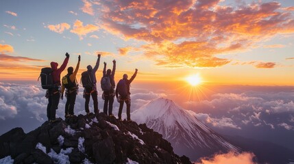 A group of climbers reaching the summit of Mount Fuji, celebrating their achievement with a breathtaking view