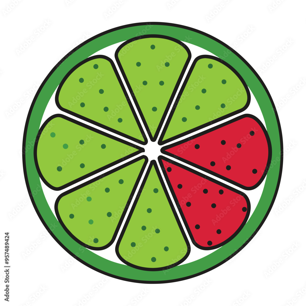 Poster a digitally rendered image of a lime cut in half, showing its green segments and a single red slice.