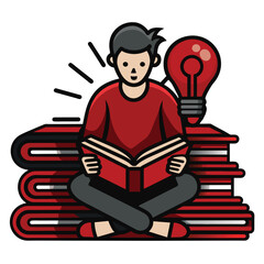 A man sits cross-legged on a stack of red books, holding an open book in his hands. A lightbulb with a glowing filament sits behind him.