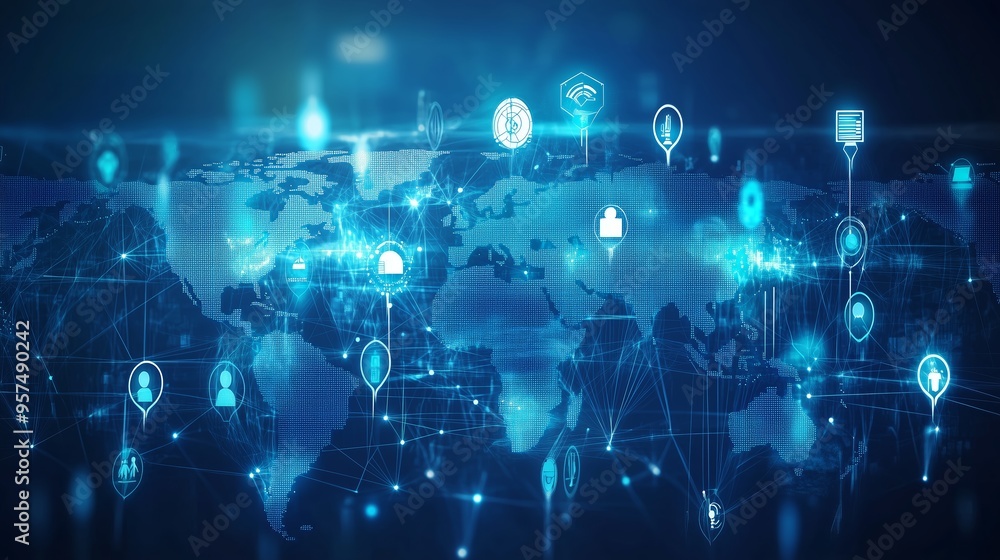 Poster a digital representation of a global network connecting various technology icons and locations in a 
