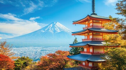 Fototapeta premium A traditional Japanese pagoda with Mount Fuji towering in the background, blending cultural heritage with natural splendor