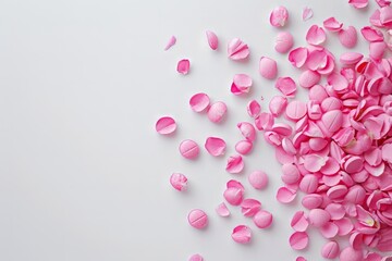 Rose pills scattered on a white background. Treatment of coronavirus