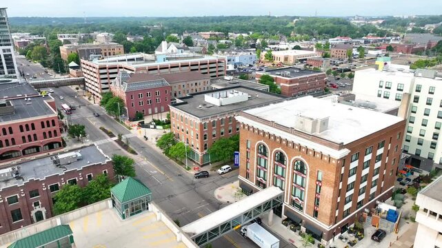 Aerial Pedestal Shot of Downtown Kalamazoo Urban Landscape