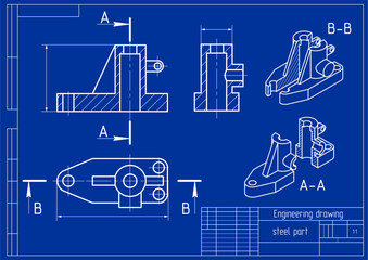 Vector drawing of a steel mechanical part with through holes
and dimension lines.
Engineering cad scheme. Technical template. 3d model.  Cross section.
