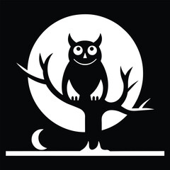 Fototapeta premium A cartoon owl monster with horns and a wide smile kneels on a tree branch in front of a full moon in the night sky