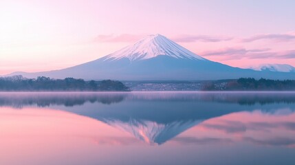 Mount Fuji reflected in the waters of Lake Shoji at dawn, with a soft pink hue illuminating the mountain and sky
