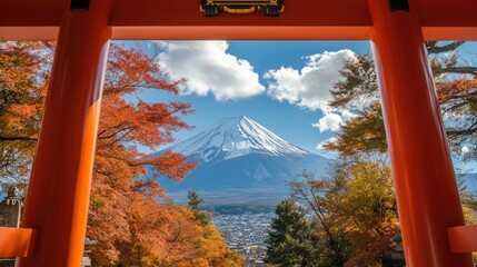 Mount Fuji seen through a torii gate, symbolizing the sacred connection between nature and spirituality in Japan
