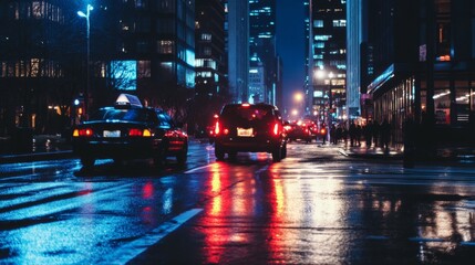 Fototapeta premium City Nightscape with Vehicle Reflections