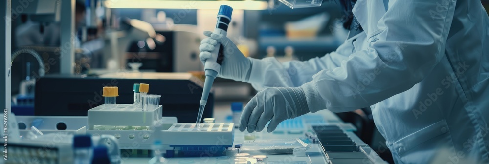 Poster lab technician operating a dna rna extraction machine for rt pcr test samples in a laboratory settin