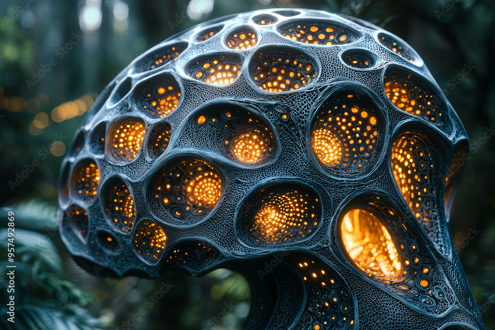 Poster a detailed brain sculpture with intricate patterns and lights, symbolizing the beauty of complex neu