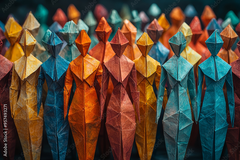 Poster a colorful origami display where each folded paper figure represents a different statistic or piece 