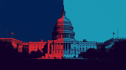 USA Capitol Building Divided in Red and Blue