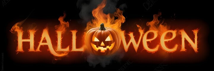 Naklejka premium 3D Halloween text with fire letters, and creepy lantern jack-o face