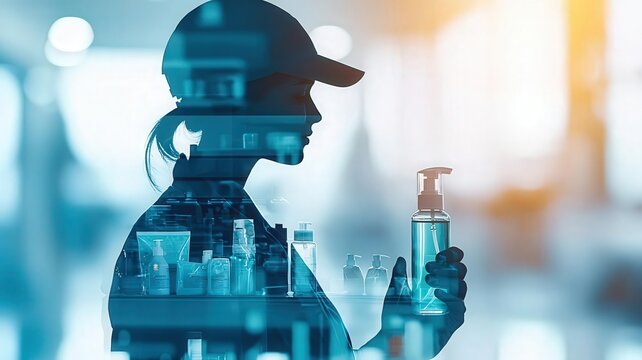 Distribution of hygiene kits during monkeypox quarantine, focus on hand sanitizer, clear and crisp, Double exposure silhouette with hygiene products