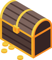 Closed wooden chest full of golden coins isometric icon, pirate symbol