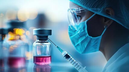 Monkeypox vaccination drive in quarantined areas, focus on vaccine vials, sharp focus, Double exposure silhouette with medical syringes