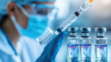 Monkeypox vaccination drive in quarantined areas, focus on vaccine vials, sharp focus, Double exposure silhouette with medical syringes